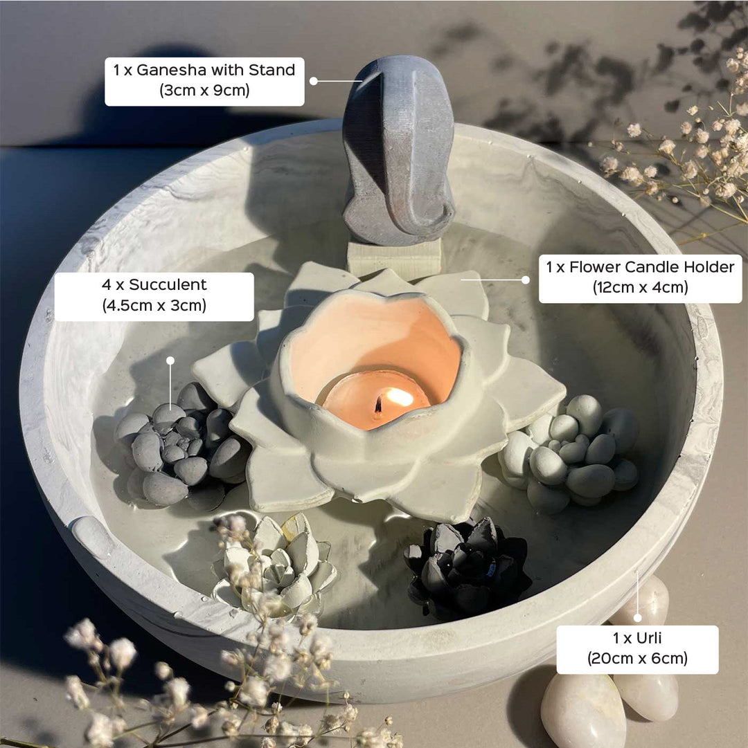 Handmade Glow Concrete Gift Hamper | Includes 1 Urli, 1 Flower Candle Holder, 1 Ganesha With Stand, 4 Succulent