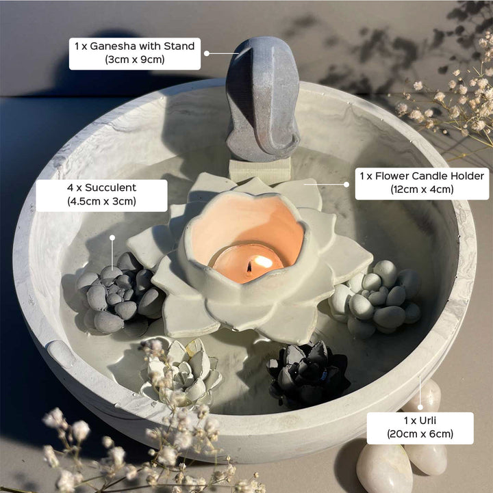 Handmade Glow Concrete Gift Hamper | Includes 1 Urli, 1 Flower Candle Holder, 1 Ganesha With Stand, 4 Succulent
