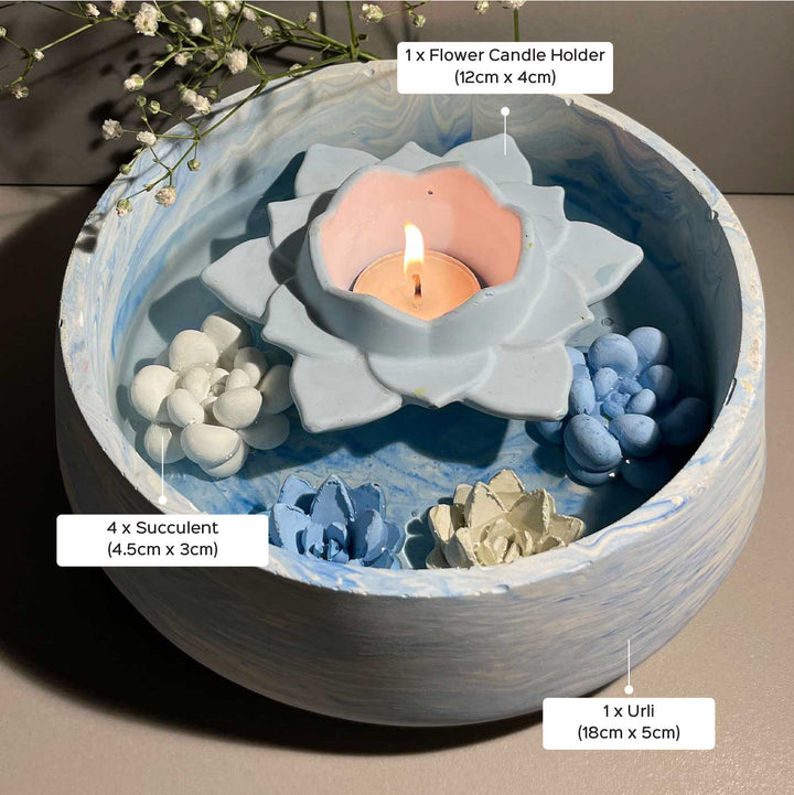 Handmade Radiance Concrete Gift Hamper | Includes 1 Urli, 1 Flower Candle Holder, 4 Succulent