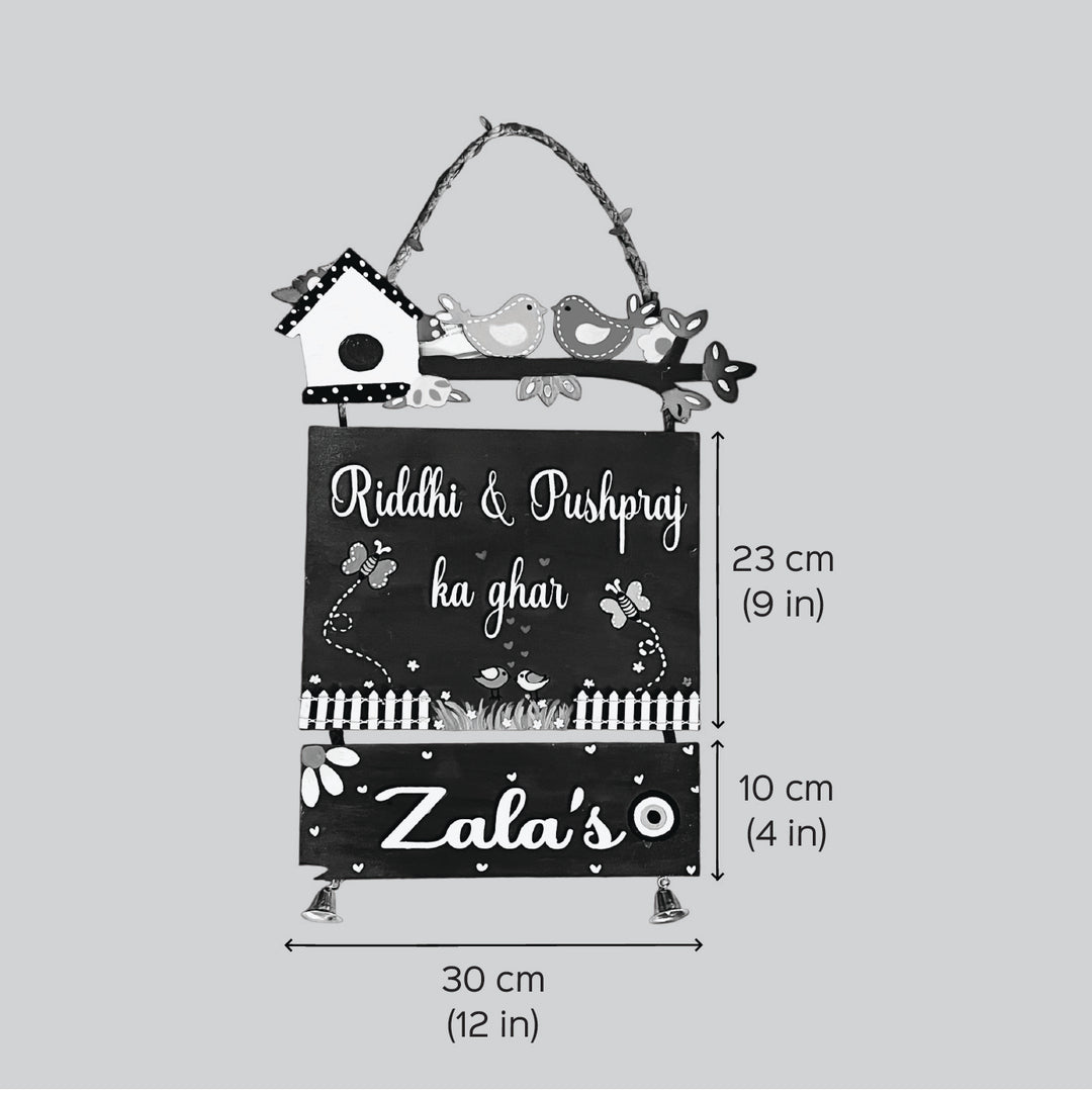 Personalized Birds Themed Mdf Wood Name Plate - Dimension Chart with Hanging Display