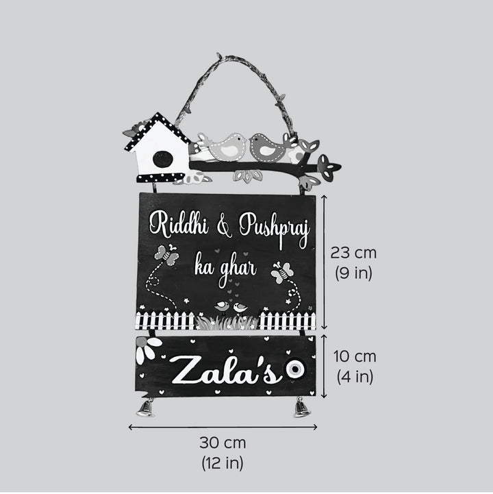 Personalized Birds Themed Mdf Wood Name Plate - Dimension Chart with Hanging Display