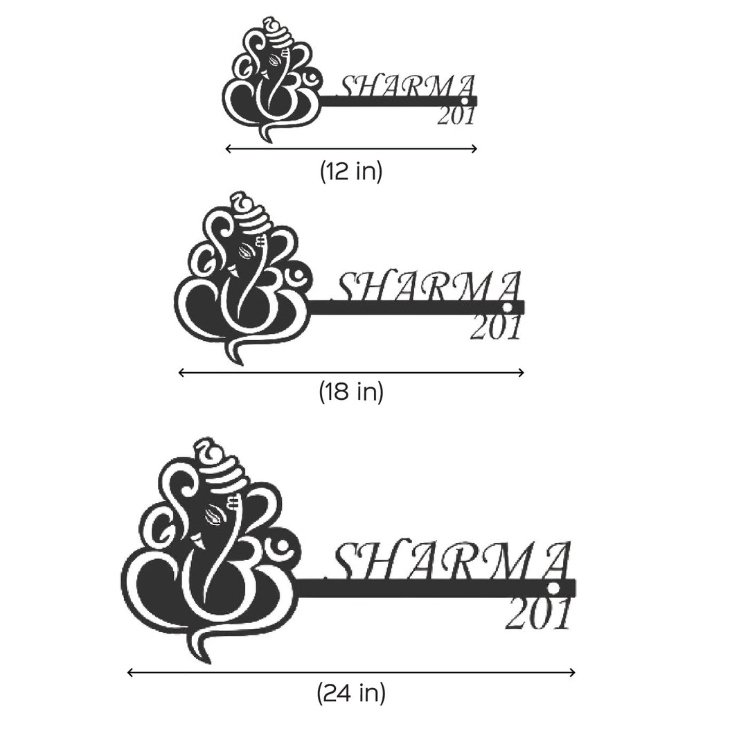 Personalized Ganesha Laser Cut Metal Name Plate - Dimension Chart with Size Options