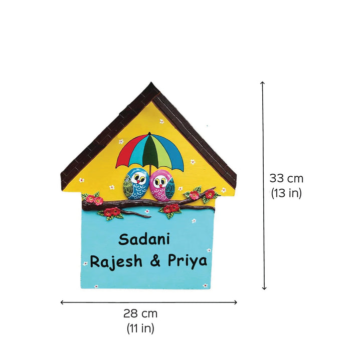 Personalized Handmade Owl Couple With Umbrella House Shaped Mdf Wood Name Plate - Front View with Dimensions
