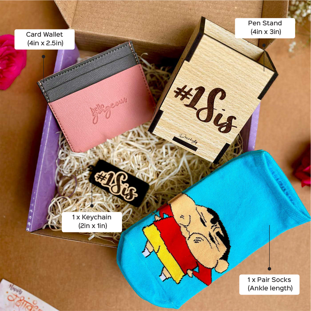 Sinchan Theme Gift Hamper For Sisters | Includes 1 Pair Socks, 1 Keychain, 1 Pen Holder & 1 Card Wallet