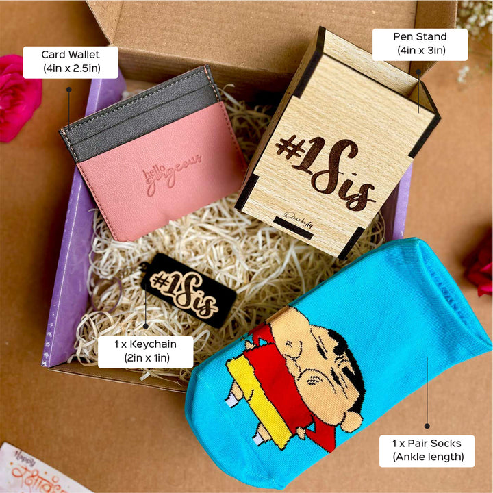 Sinchan Theme Gift Hamper For Sisters | Includes 1 Pair Socks, 1 Keychain, 1 Pen Holder & 1 Card Wallet