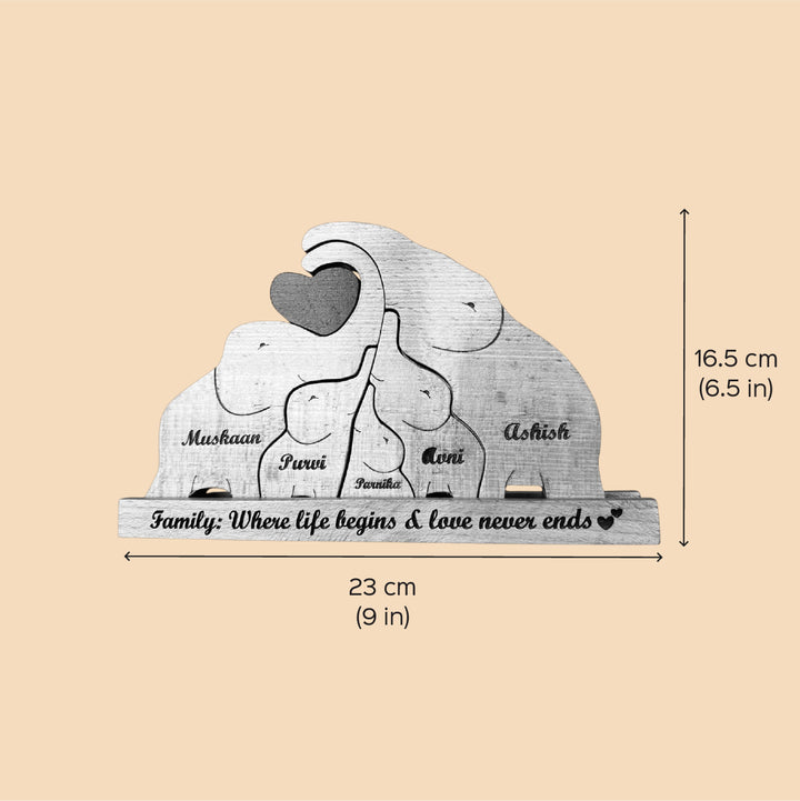 Personalized Elephant Family Of 5 Wooden Figurine