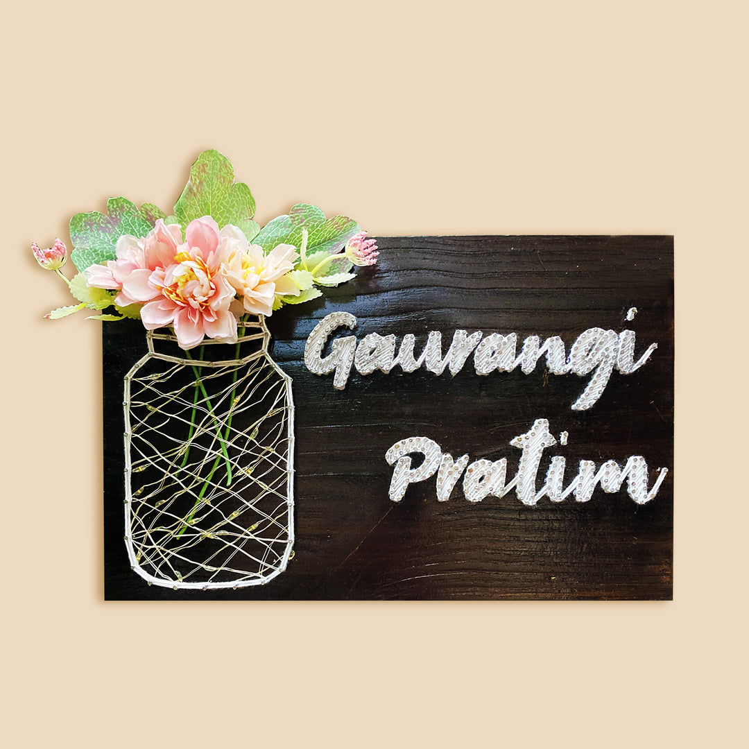 Personalised Couple Name Plate With Fairy Light String Art - Front View with Floral String Art