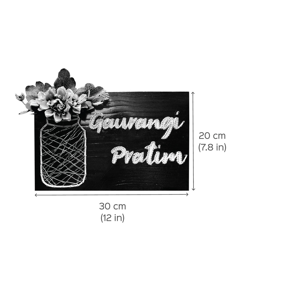Personalised Couple Name Plate With Fairy Light String Art - Dimension Chart with Floral Detail