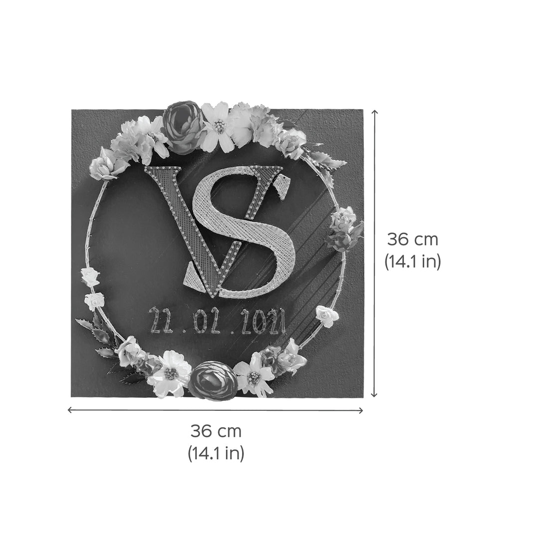 Wedding Couple Initials String Art With Floral Wreath - Front View with Dimensions