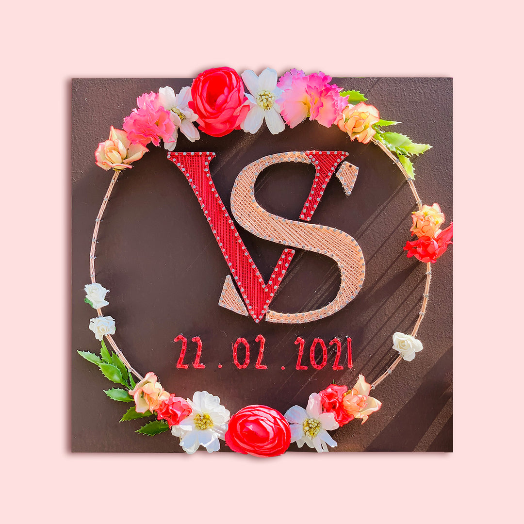 Wedding Couple Initials String Art With Floral Wreath - Front View with Floral Frame