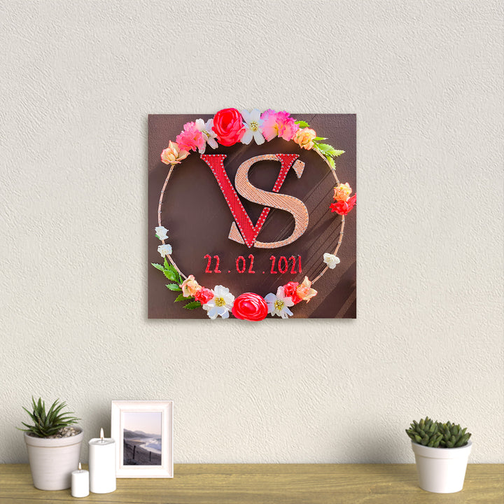 Wedding Couple Initials String Art With Floral Wreath - Mounted on Wall with Decor Surround
