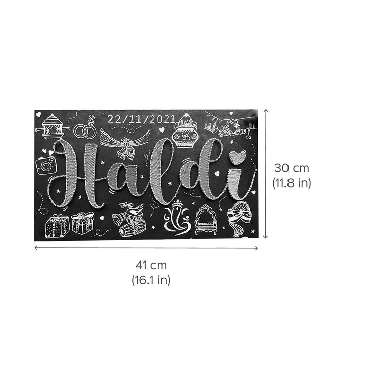 Haldi Theme String Art Name Plate - Dimension Chart with Name Example