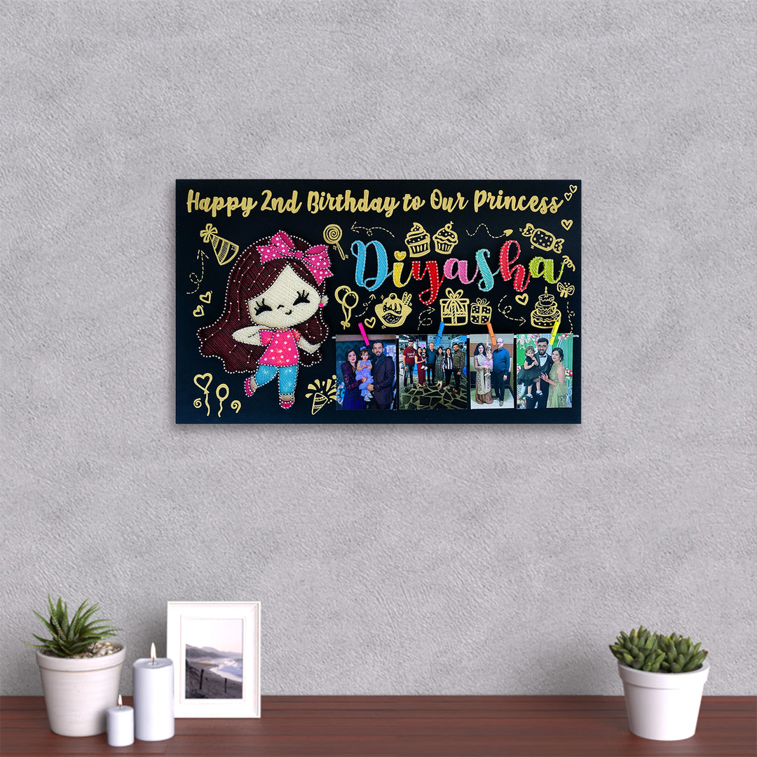 Personalised Kids Birthday Theme String Art Name Plate - Mounted on Wall with Photos