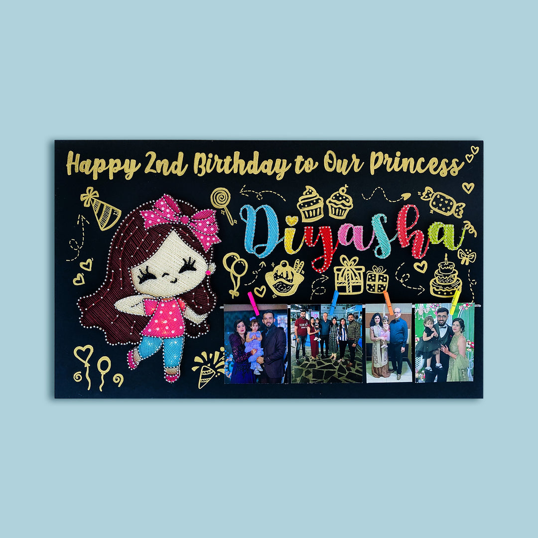Personalised Kids Birthday Theme String Art Name Plate - Front View with Photo Collage Personalization