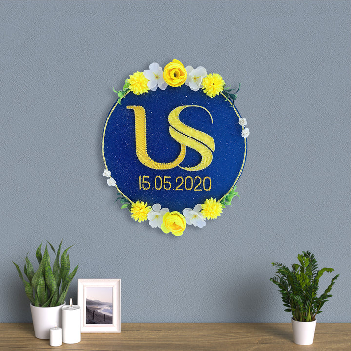 Personalised Wedding Couple Initials String Art With Floral Wreath - Mounted on Wall with Decorative Surround