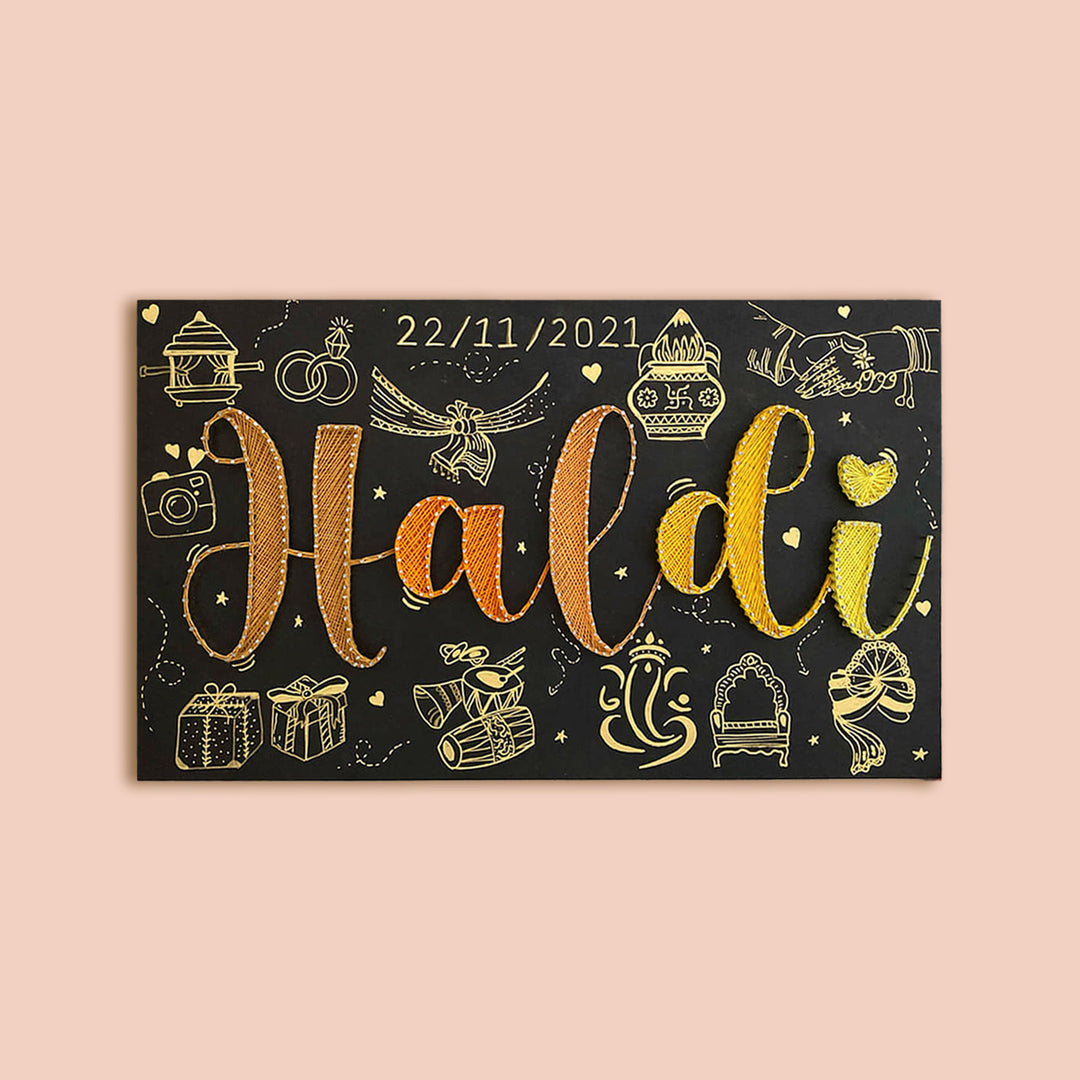 Haldi Theme String Art Name Plate - Front View with Date and Illustrations