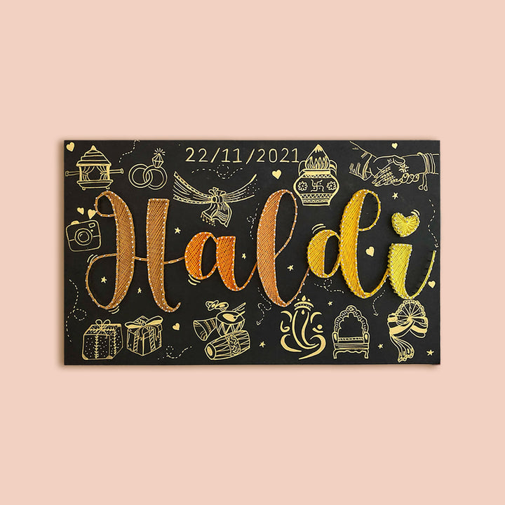 Haldi Theme String Art Name Plate - Front View with Date and Illustrations