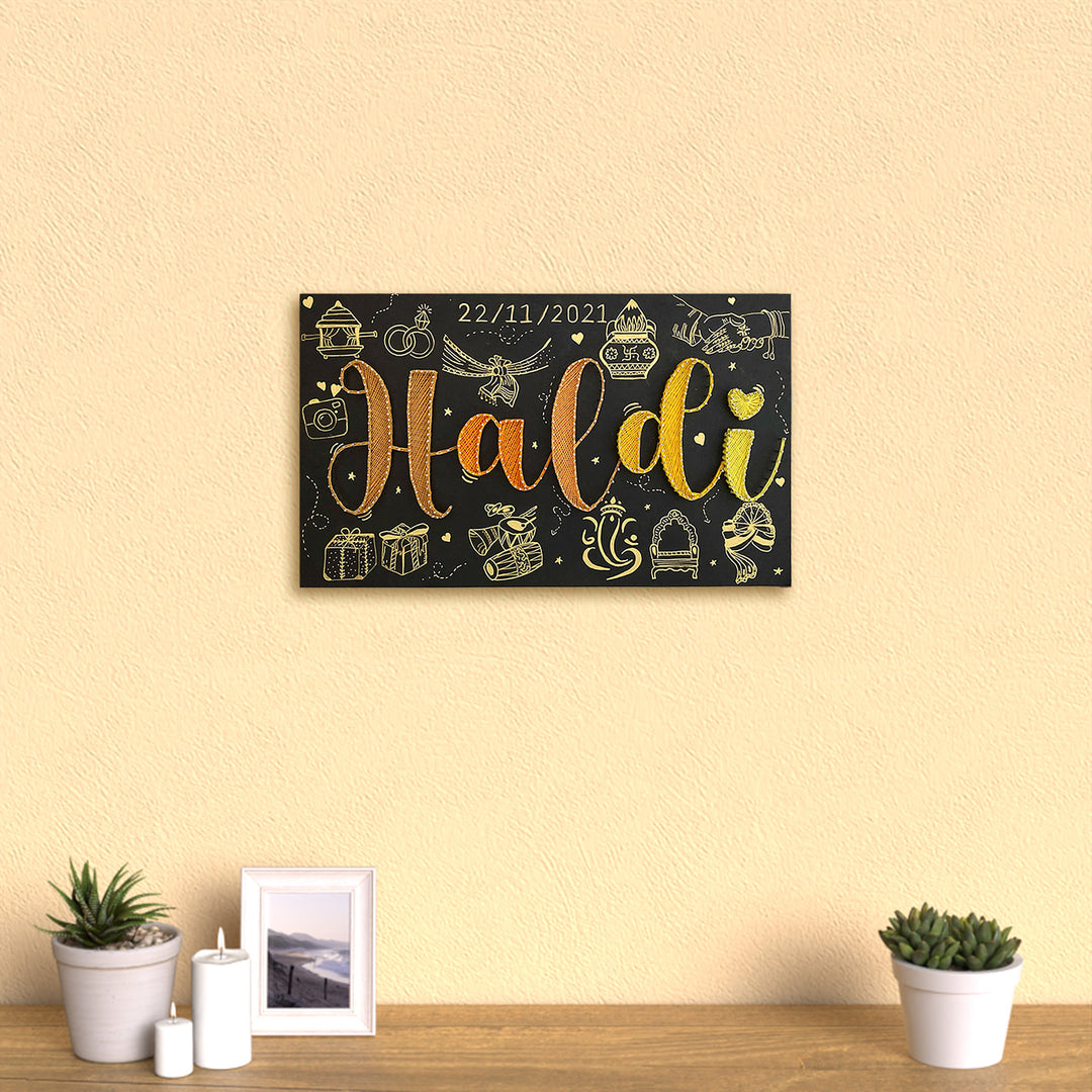 Haldi Theme String Art Name Plate - Mounted on Wall with Decor