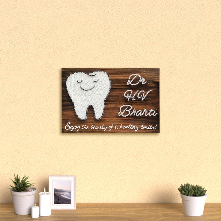 Personalised Dentist Name Plate With Tooth String Art - Mounted on Wall with Desk Setup