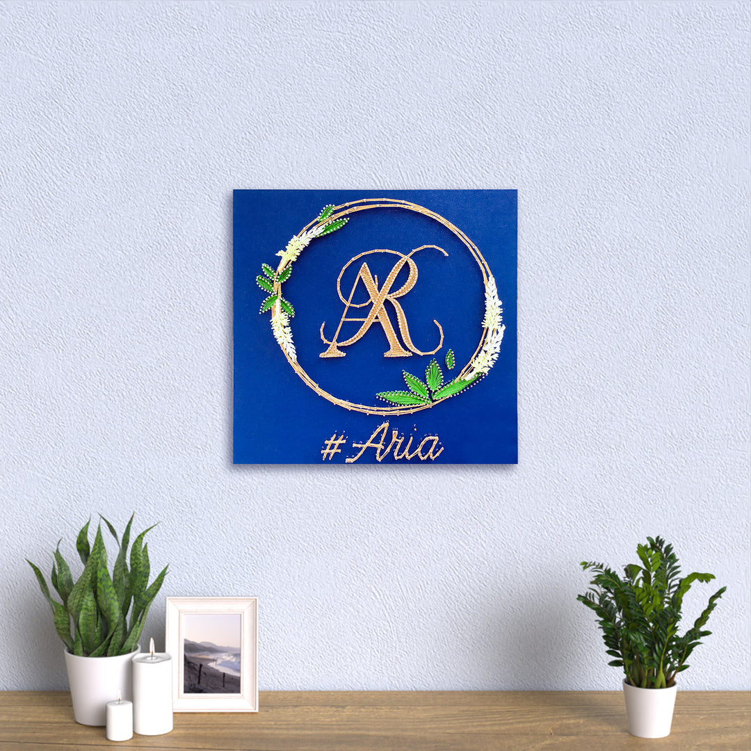 Wedding Couple Initials String Art With Leaf Wreath - Mounted on Wall Above Tabletop Decor