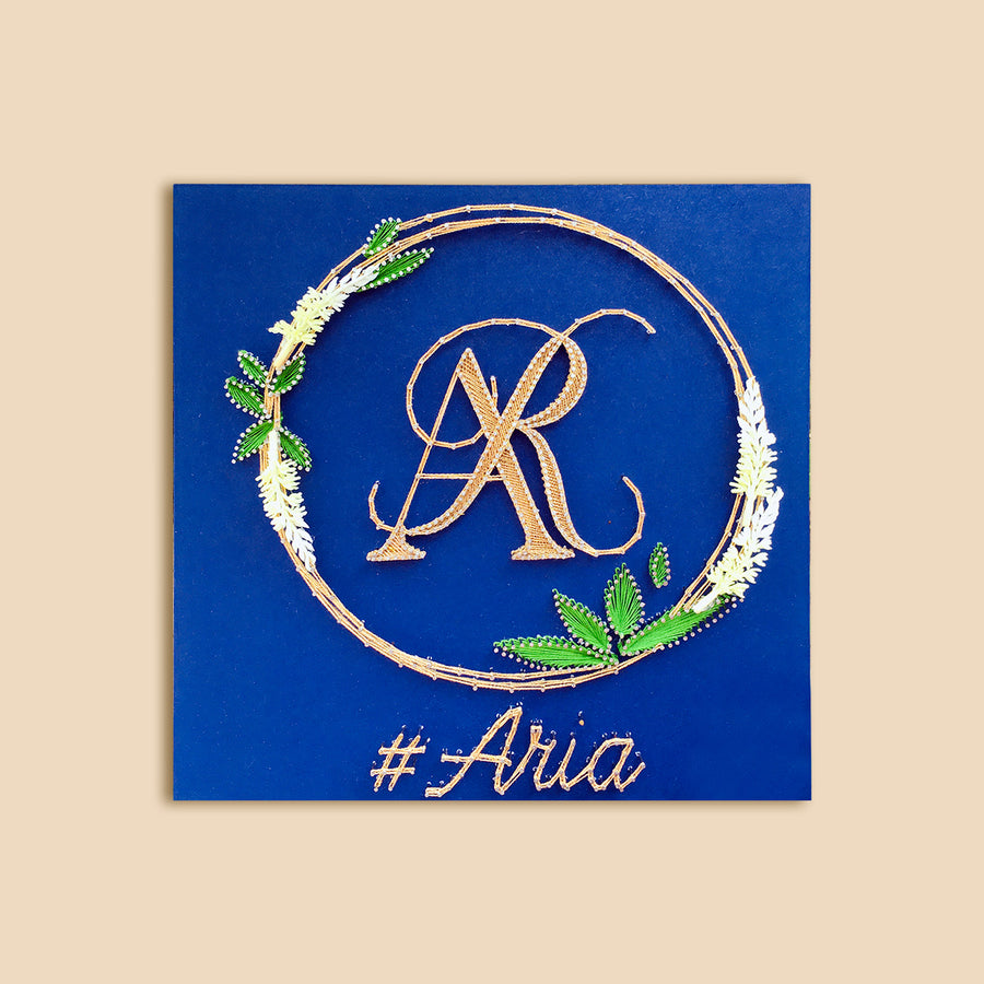 Wedding Couple Initials String Art With Leaf Wreath - Front View with Name Personalization