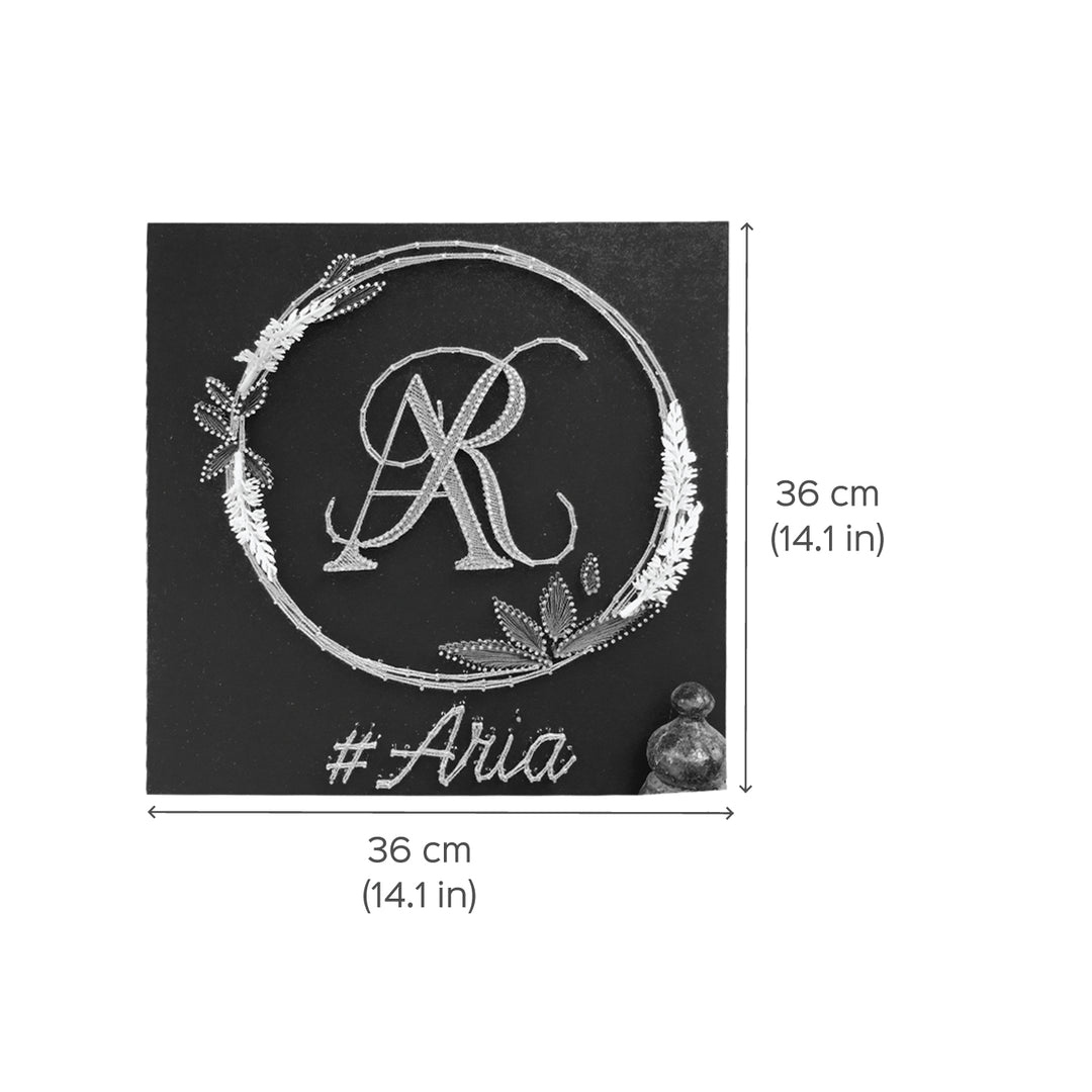 Wedding Couple Initials String Art With Leaf Wreath - Dimension Chart with Personalized Text