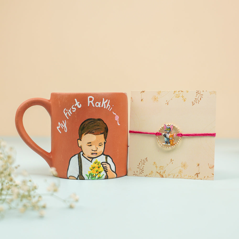 Photo Personalized Handmade My First Rakhi Hamper Includes 1 Mug 1 Rakhi - Front View with Rakhi Display