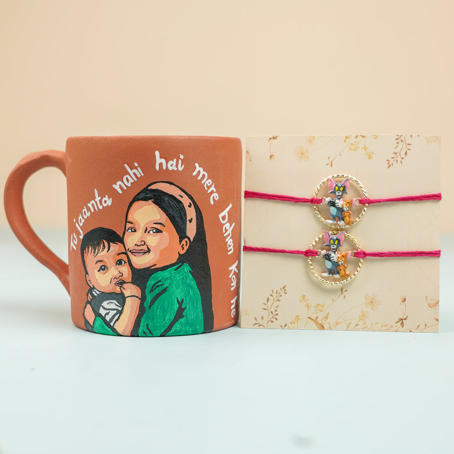 Photo Personalized Handmade Mere Behan Theme Rakhi Hamper Includes 1 Mug 2 Rakhi - Product Display with Mug and Bracelet