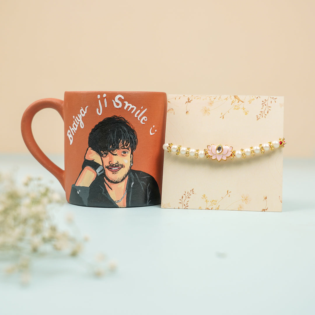 Photo Personalized Handmade Bhaiya Ji Theme Rakhi Hamper Includes 1 Mug 1 Rakhi - Product Styled with Rakhi