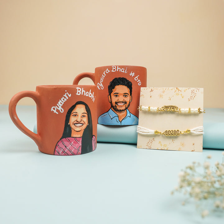 Photo Personalized Handmade Bhai And Bhabhi Theme Rakhi Hamper Includes 2 Mug 2 Rakhi - Front View with Two Mugs and Bracelets