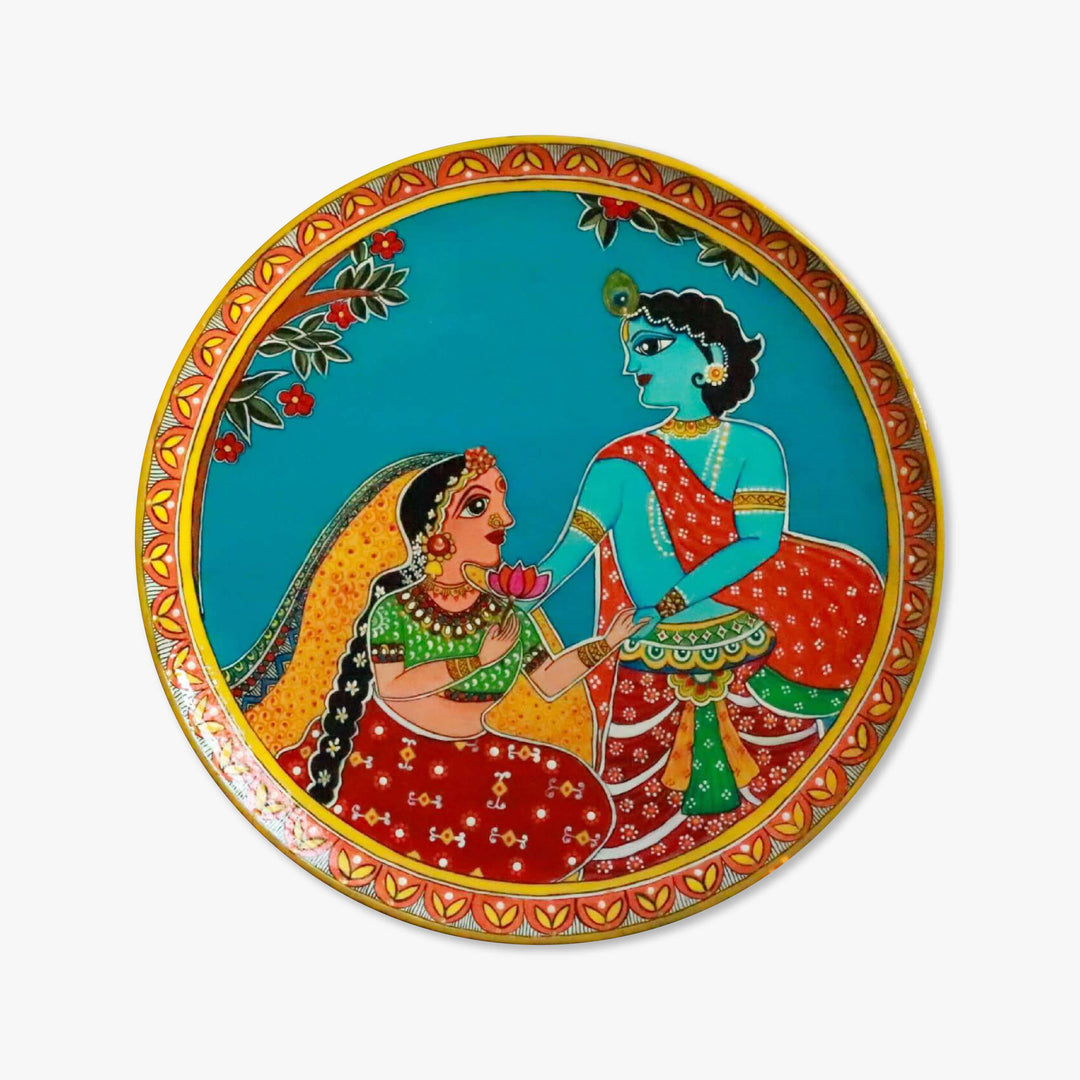 Handpainted Wooden Wall Plate With Radha Krishna Artwork