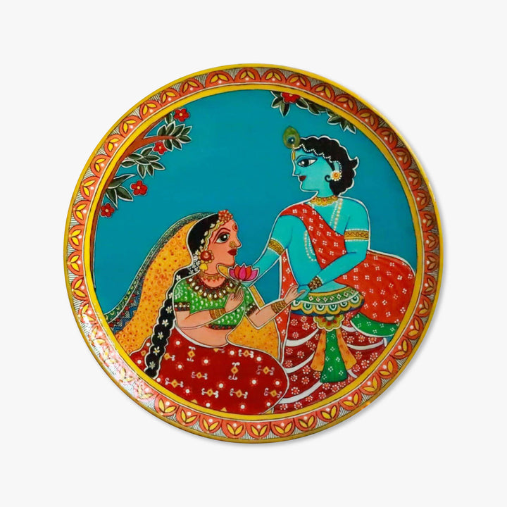 Handpainted Wooden Wall Plate With Radha Krishna Artwork