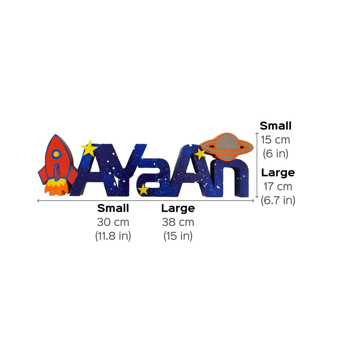 Space Themed Kids Tabletop Freestanding Name Plate - Dimension Chart with Text Measurements