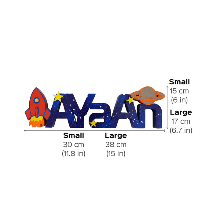 Space Themed Kids Tabletop Freestanding Name Plate - Dimension Chart with Text Measurements