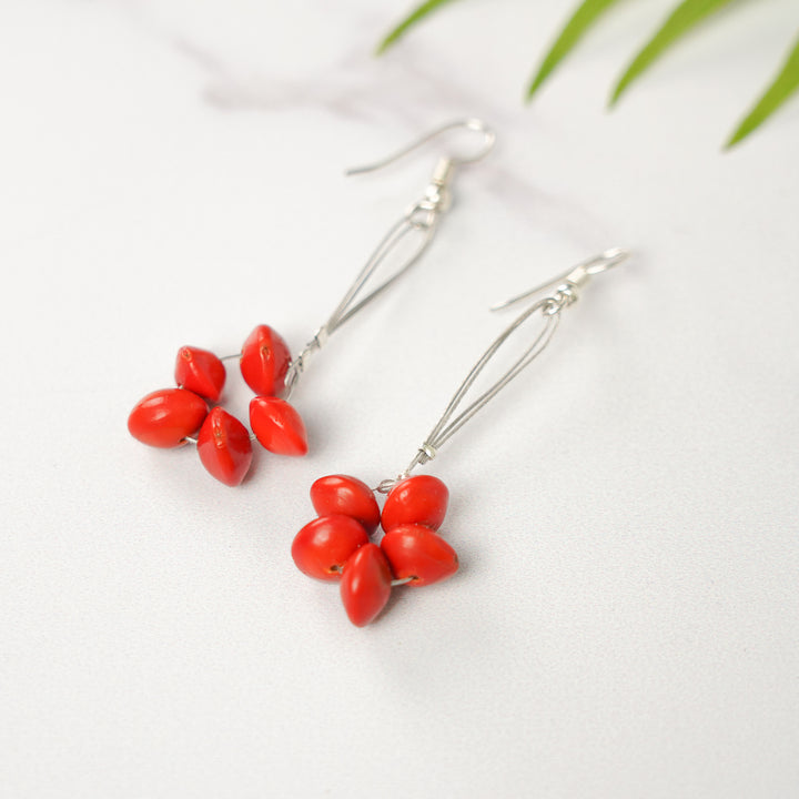 Handmade Red Flower Design Gunj Seed Earrings