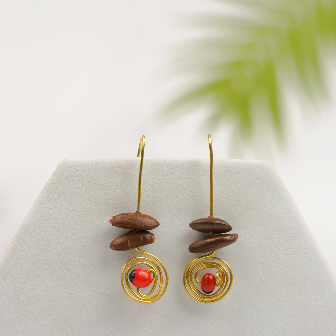 Handmade Brown Spiral Design Sitaphal & Gunj Seed Earrings