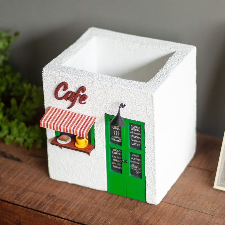 Handmade Café Themed White & Green Concrete Planter With Drainage Hole For Home Decor