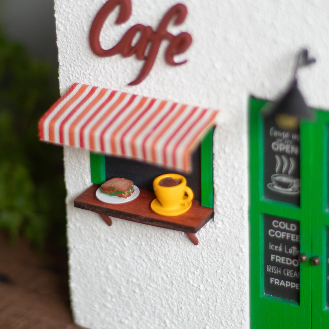 Handmade Café Themed White & Green Concrete Planter With Drainage Hole For Home Decor