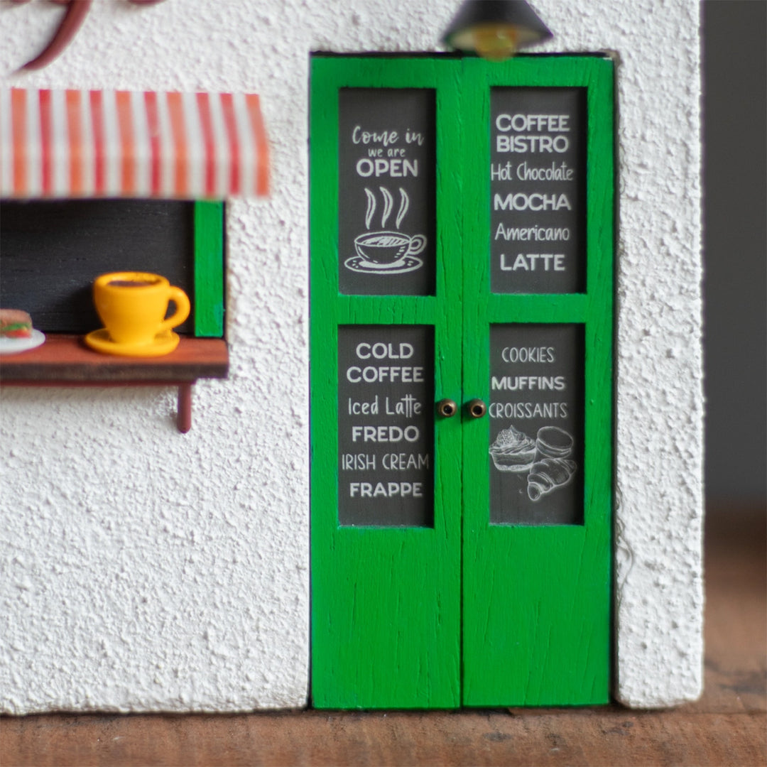 Handmade Café Themed White & Green Concrete Planter With Drainage Hole For Home Decor