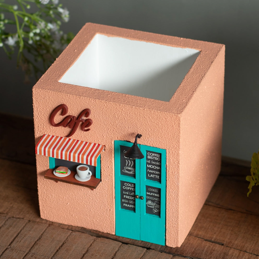 Handmade Café Themed Peach & Turquoise Concrete Planter With Drainage Hole For Home Decor