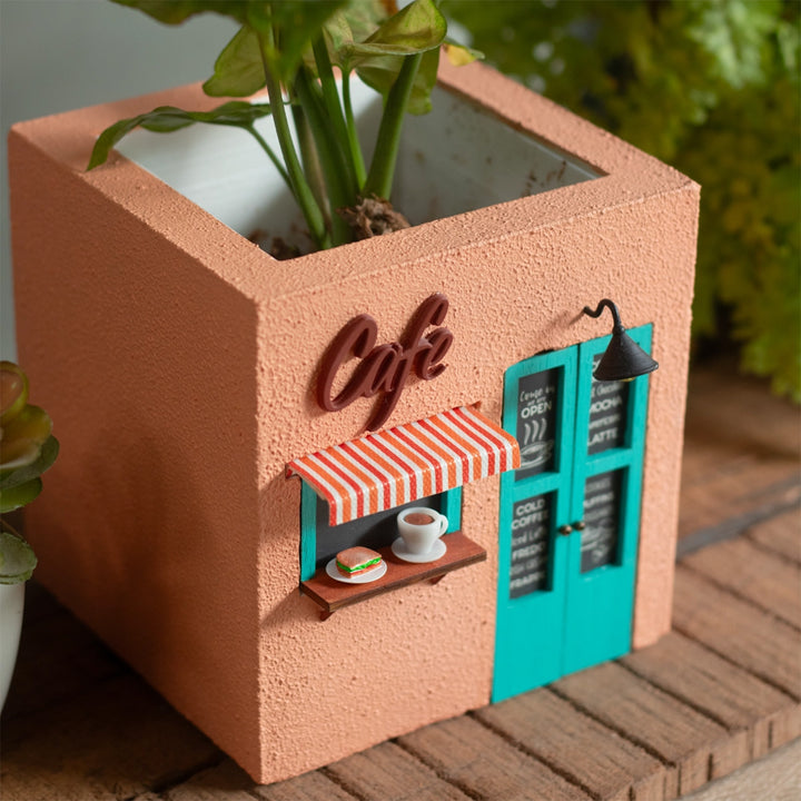 Handmade Café Themed Peach & Turquoise Concrete Planter With Drainage Hole For Home Decor