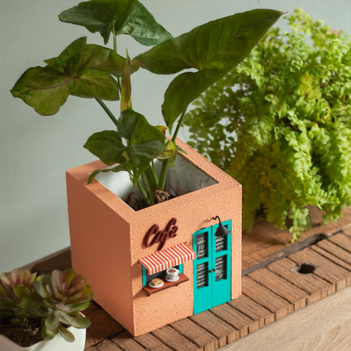 Handmade Café Themed Peach & Turquoise Concrete Planter With Drainage Hole For Home Decor