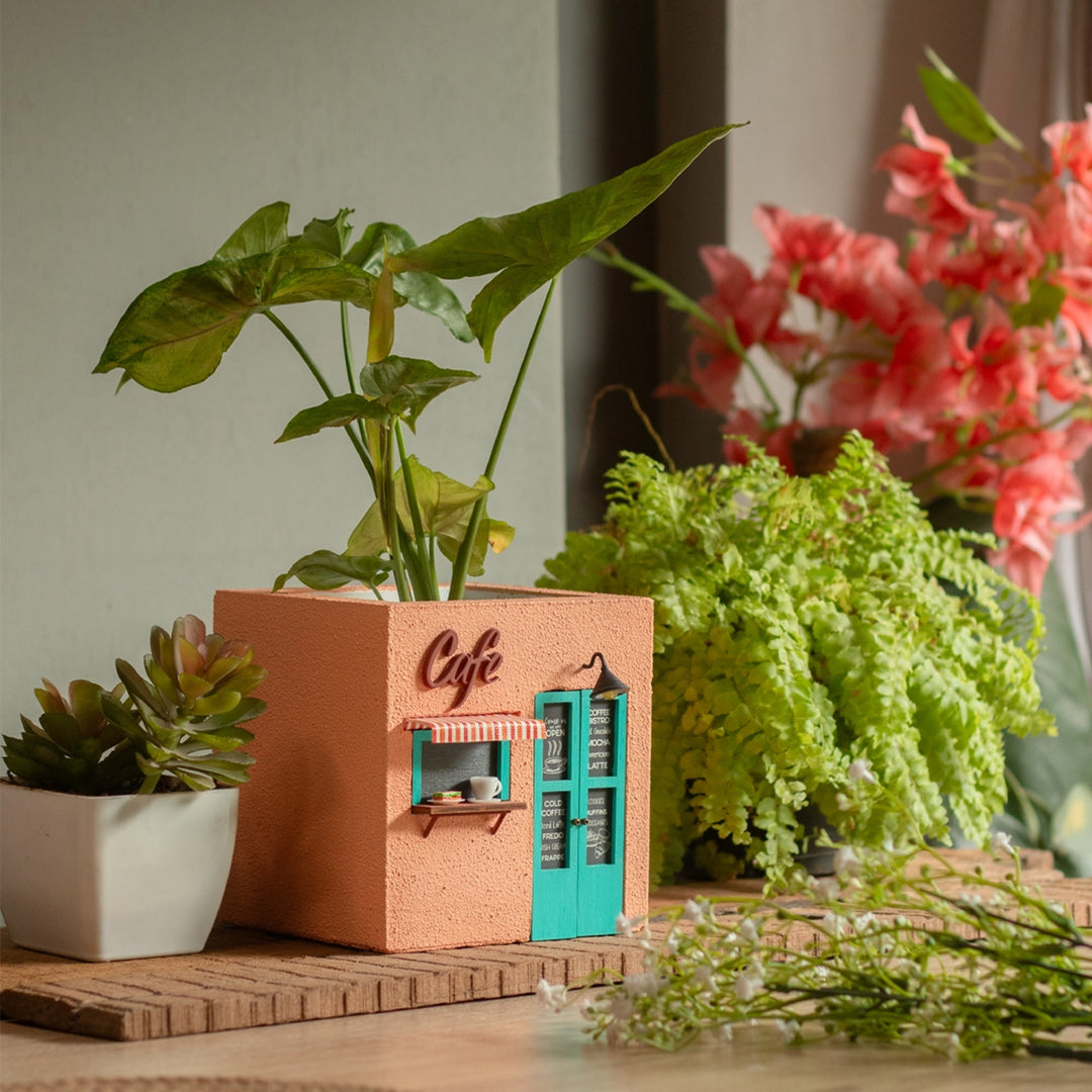 Handmade Café Themed Peach & Turquoise Concrete Planter With Drainage Hole For Home Decor