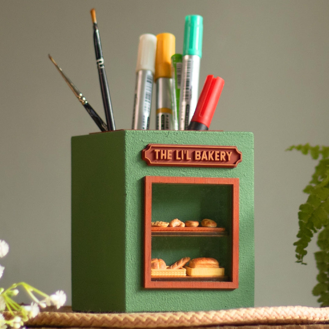 Handmade Miniature Lil Bakery Shop Themed Pen Stand For Decor