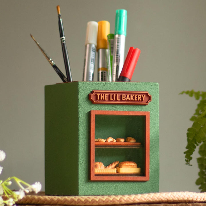 Handmade Miniature Lil Bakery Shop Themed Pen Stand For Decor