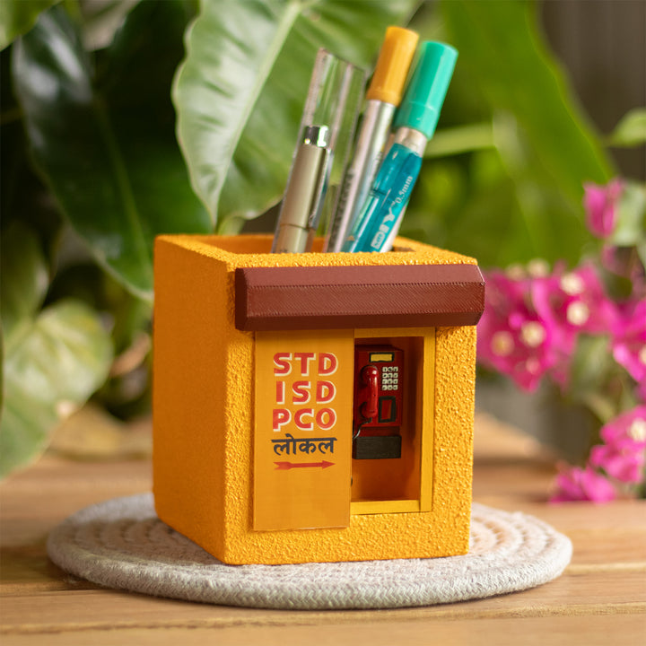 Handmade Miniature Telephone Booth Themed Pen Stand For Decor