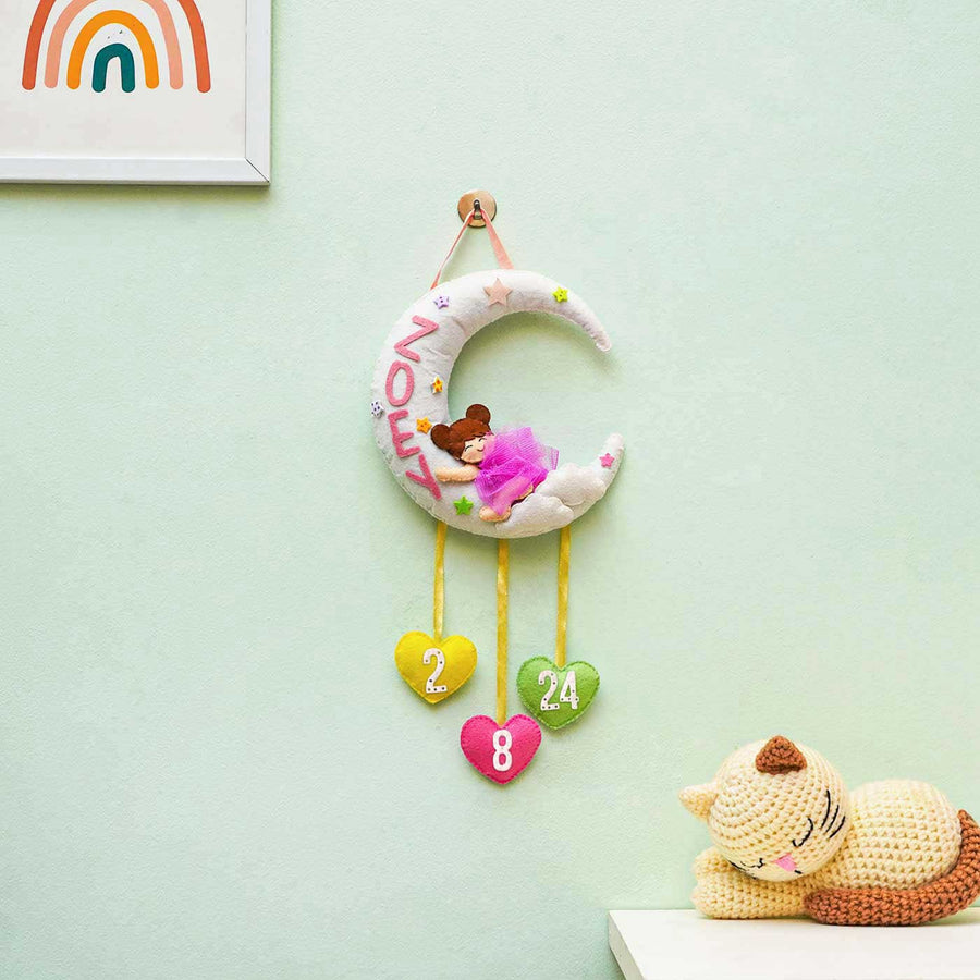 Personalized Handmade Baby Moon Non Stuffed Felt Name Plate - Hanging on Wall with Date Hearts