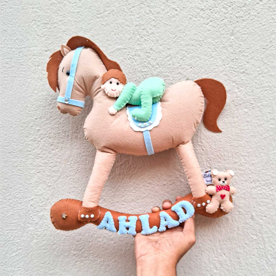 Personalized Baby On Horse Felt Kids Name Plate - Front View with Name Personalization