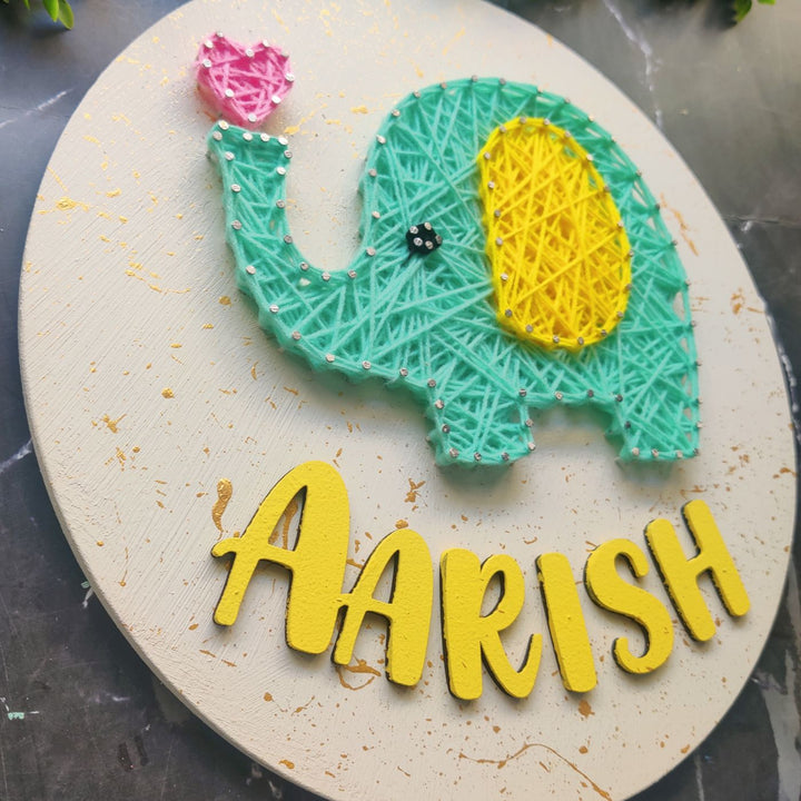 Personalized Animal Theme Kids String Art Name Plate 5 - Angled Close-up Showing String Detail