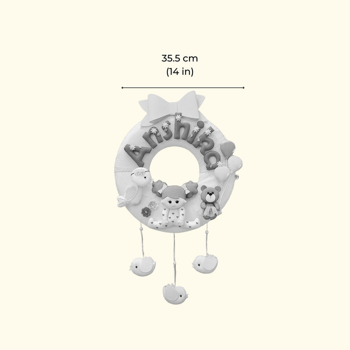 Hand Stitched Round Felt Kids Name Plate For Baby Girl - Front View with Dimensions
